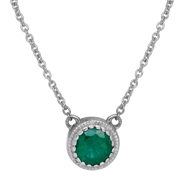 white gold stationary pendant necklace set with a round brilliant emerald