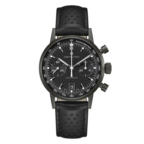 all black hamilton watch with white sitcks and hour markers