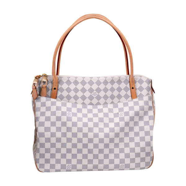 louis vuitton handbag with checkered pattern of off-white cream and blue-ish grey