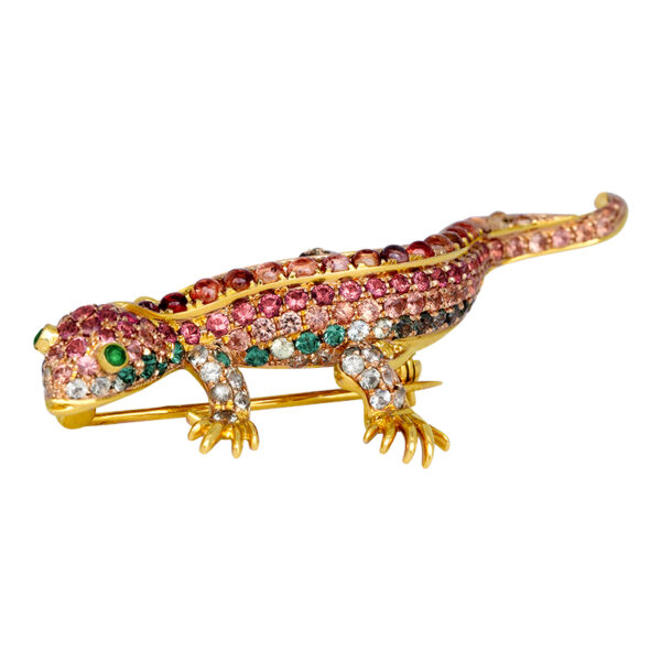 18k yellow gold lizard brooch set with orange sapphires, green sapphires, and green tsavorite garnet eyes