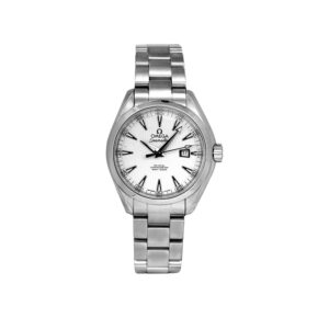 stainless steel Omega watch with a white dial and black index