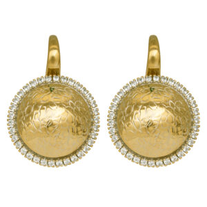 yellow gold textured disc earrings with small round brilliant diamond haloes
