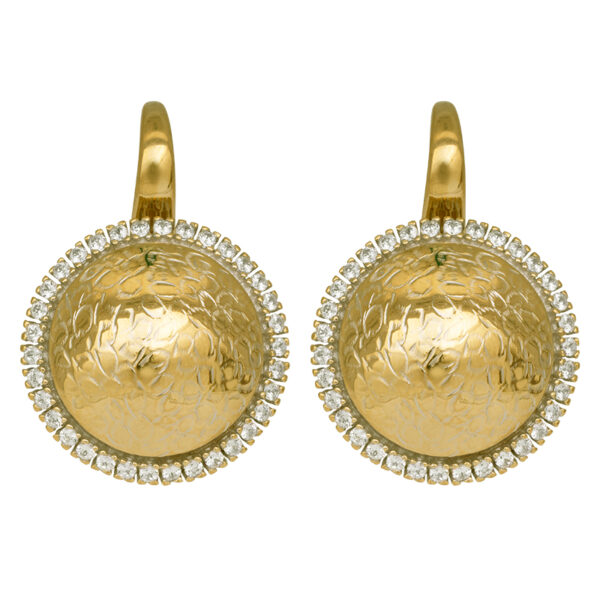 yellow gold textured disc earrings with small round brilliant diamond haloes