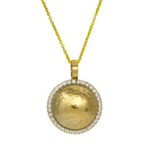 yellow gold textured disc pendant set with small round brilliant diamond halo