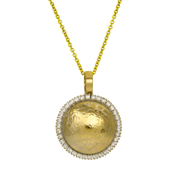 yellow gold textured disc pendant set with small round brilliant diamond halo