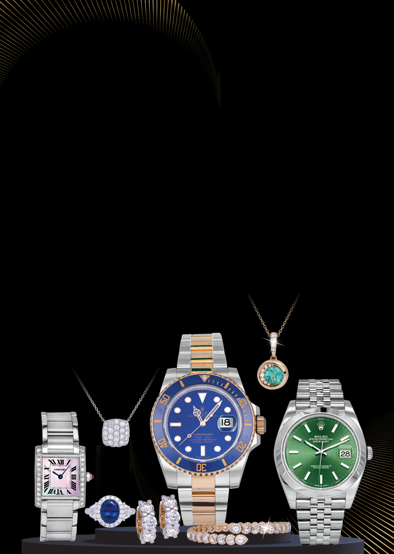 A pair of pearl earrings, a diamond necklace, a rolex watch and other jewelry lying on top of a blue cloth.