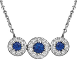 white gold 3-stone round blue sapphire pendant with diamond haloes around each sapphire