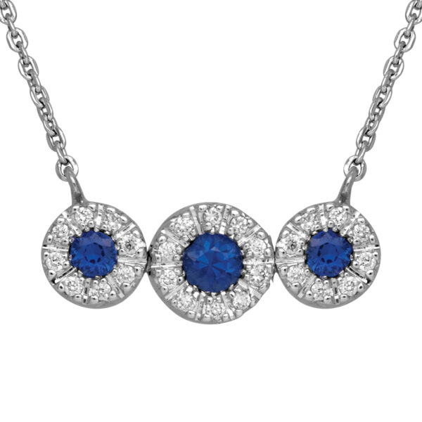 white gold 3-stone round blue sapphire pendant with diamond haloes around each sapphire