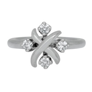 platinum ring with an x-shape, with a small round diamond in between each space