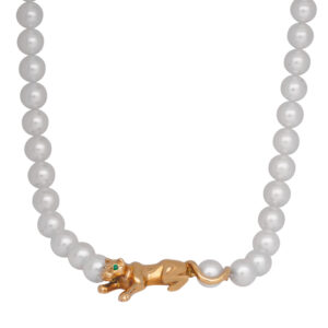yellow gold Cartier Panther pearl necklace strung with white/silver Akoya pearls