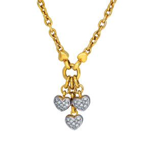 yellow gold necklace with 3 dangling heart pendants set with paved round brilliant diamonds