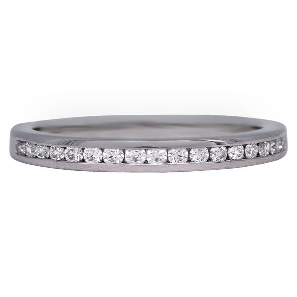 thin platinum band channel set with round diamonds