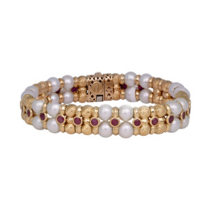 yellow gold 2-row bracelet set with round brilliant rubies and 6.25mm pearls