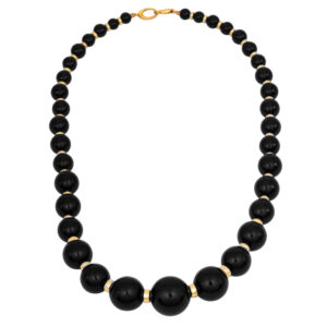 vintage yellow gold bead and graduated round onyx bead necklace