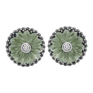 Sterling silver earrings with caviar motif texture, set with sage green "melon" shaped carved beads with round brilliant diamonds set on top