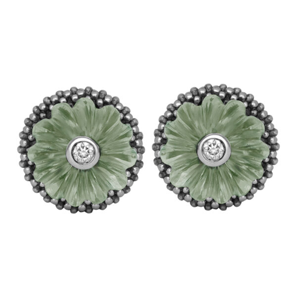 Sterling silver earrings with caviar motif texture, set with sage green "melon" shaped carved beads with round brilliant diamonds set on top