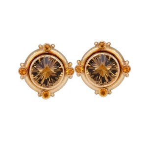 yellow gold bezel earrings set with checkerboard citrines and 4 small citrines in the cardinal directions around the bezel