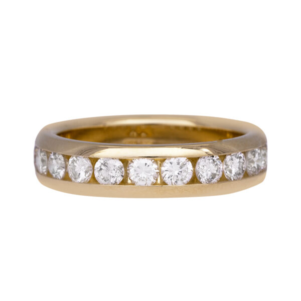 yellow gold band channel set with round diamonds