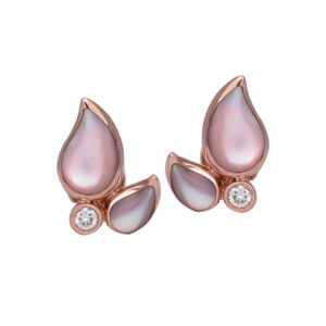 rose gold earrings, teardrop shaped mother of pearl inlays with round brilliant white diamonds