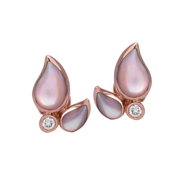 rose gold earrings, teardrop shaped mother of pearl inlays with round brilliant white diamonds