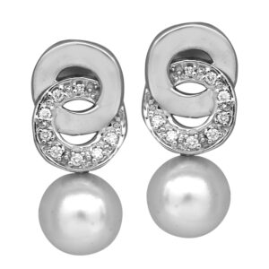 interlocking drop earrings set with a pearl and round brilliant diamonds