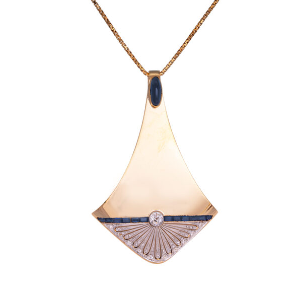 art deco platinum and yellow gold pendant set with blue sapphires and old style diamonds