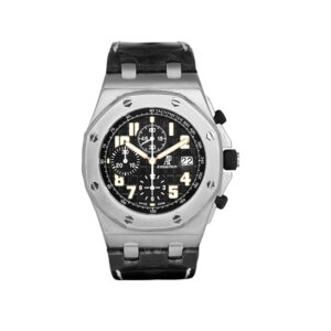 Audemars Piguet watch, stainless steel with a black dial and black leather strap