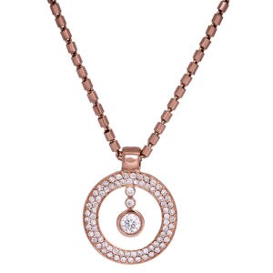 rose gold open round pendant set with diamonds and a diamond hanging in the center of the circle