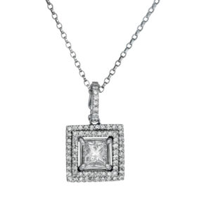 white gold square double halo pendant centered with a princess diamond