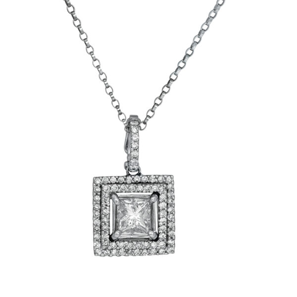 white gold square double halo pendant centered with a princess diamond