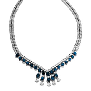 white gold fancy 2-row diamond necklace set with dangling blue sapphires