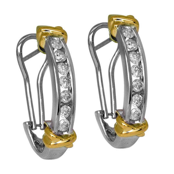 white and yellow gold j-hoop earrings channel set with round brilliant diamonds