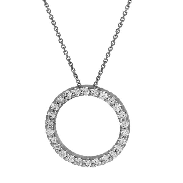 white gold open circle pendant set with round diamonds