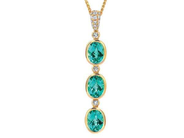 yellow gold pendant set with 3 oval blue-green chrysoberyls and small round brilliant diamonds