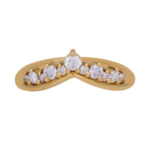 yellow gold curved band set with round and pear diamonds