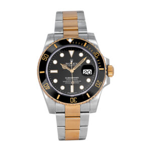 stainless steel and yellow gold rolex with a black dial and black bezel