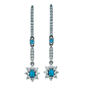 white gold flower drop earrings set with paraiba tourmaline and diamonds