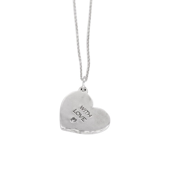 sterling silver heart pendant set with one small round diamond and "With Love" stamped