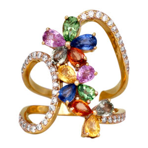 yellow gold flower motif ring set with multicolor sapphires and diamonds in the band