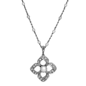 flower pendant station necklace set with diamonds and pearls