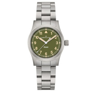 stainless steel watch with an olive green dial