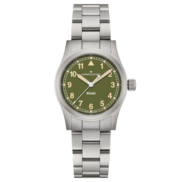 stainless steel watch with an olive green dial