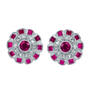 white gold halo stud earrings set with alternating rubies and diamonds