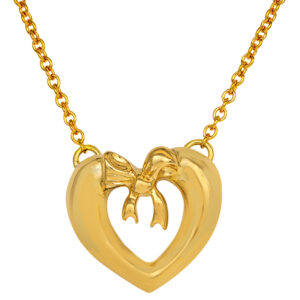 yellow gold open heart pendant with a bow at the top