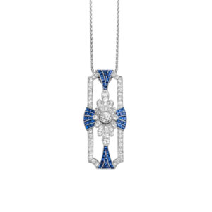 white gold antique art deco pendant set with diamonds and blue sapphires