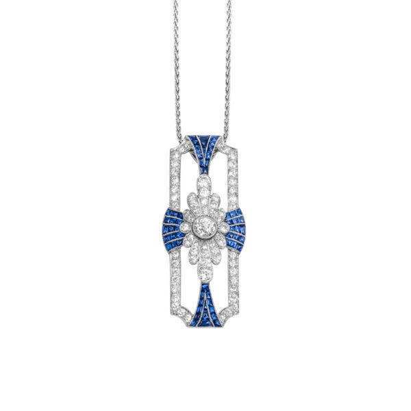 white gold antique art deco pendant set with diamonds and blue sapphires