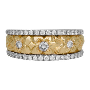 yellow and white gold engraved ring with flowers and border of diamonds