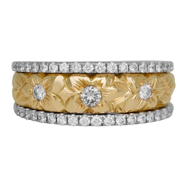 yellow and white gold engraved ring with flowers and border of diamonds