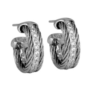 white gold and stainless steel cable hoop earrings set with diamonds