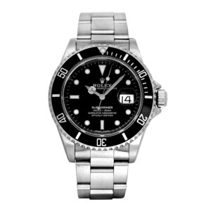 stainless steel Rolex with a black dial and black bezel, white markers